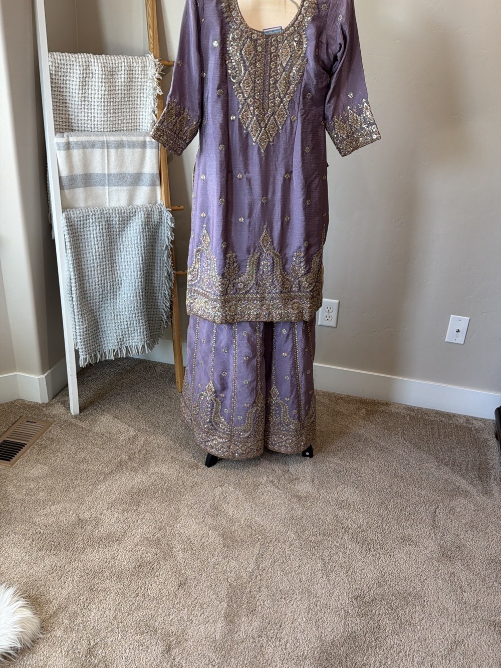 Embellished Lavender Women's Dress with Gold Detailing